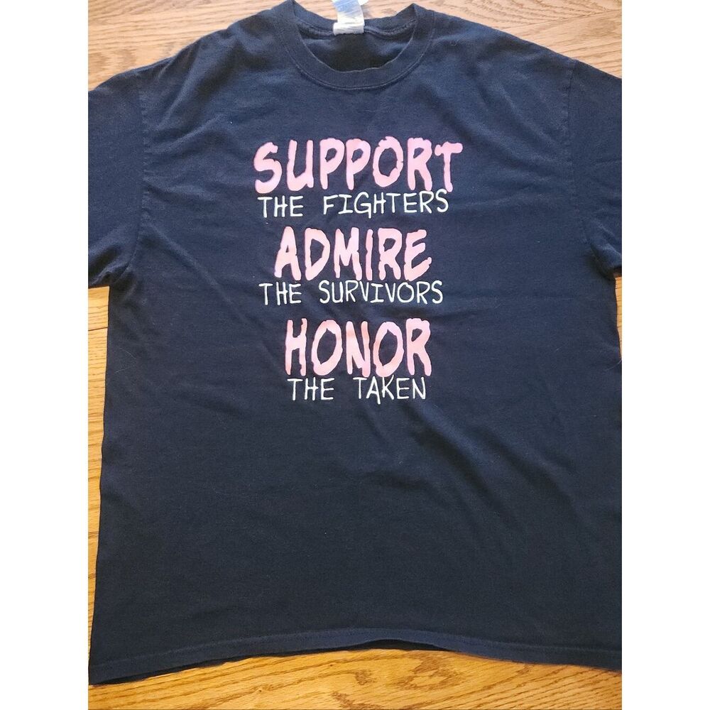 E28 Support Admire Honor Pink Ribbon Graphic Tee - Black w Pink & White Text